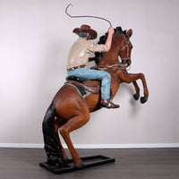 Cowboy On Rearing Horse Life Size Statue - LM Treasures 