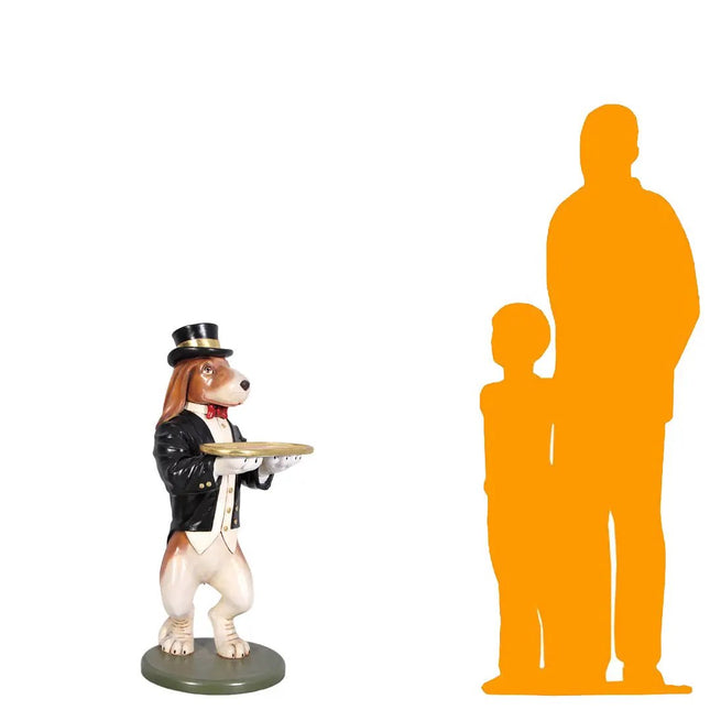 Dog figurine dressed as a waiter with a tray, next to an orange silhouette of a person and child on a white background.