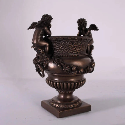 Small Bronze Angels and Lion Urn Statue LM Treasures - H