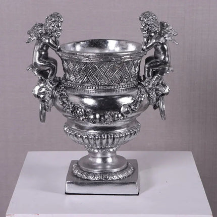 Small Silver Angels and Lion Urn Statue LM Treasures - H