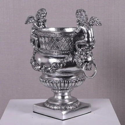 Small Silver Angels and Lion Urn Statue LM Treasures - H