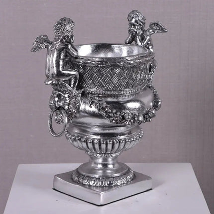Small Silver Angels and Lion Urn Statue LM Treasures - H