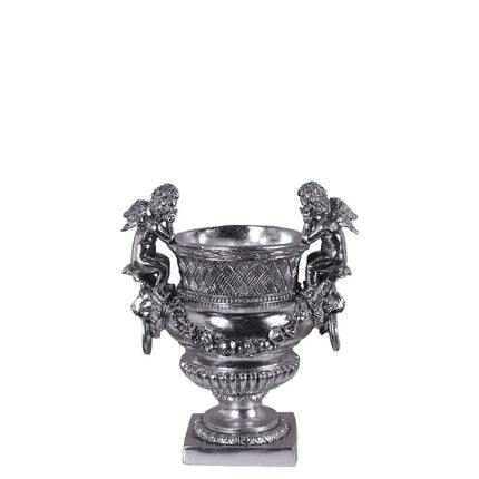 Small Silver Angels and Lion Urn Statue LM Treasures - H