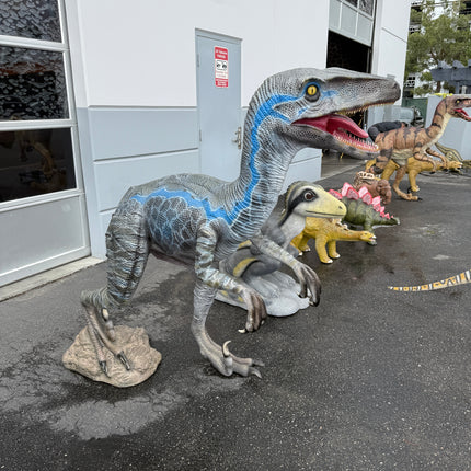 Blue Velociraptor Dinosaur Life Size Statue