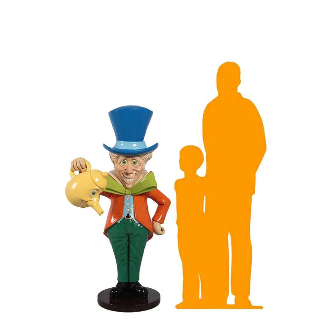 Figurine of a character with a blue top hat and orange silhouette next to it on a white background