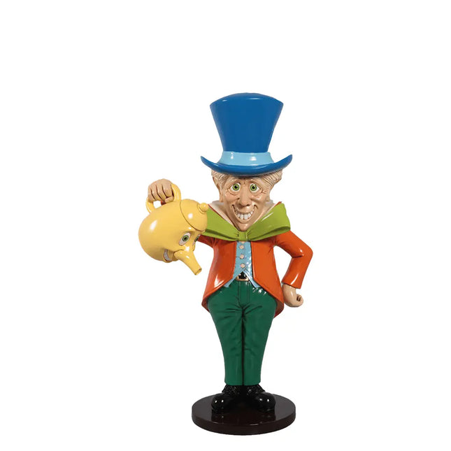 Colorful figurine of a character with a blue top hat and yellow head on a white background
