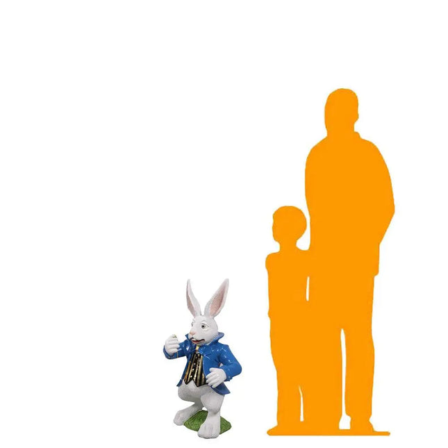 Figure of a rabbit character next to an orange silhouette of a person on a white background