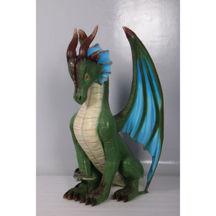 Sitting Small Green Dragon With Blue Wings Statue - LM Treasures 