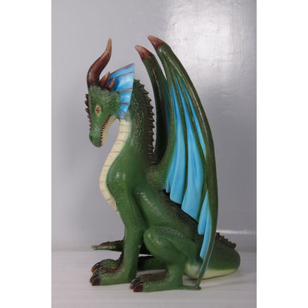 Sitting Small Green Dragon With Blue Wings Statue - LM Treasures 