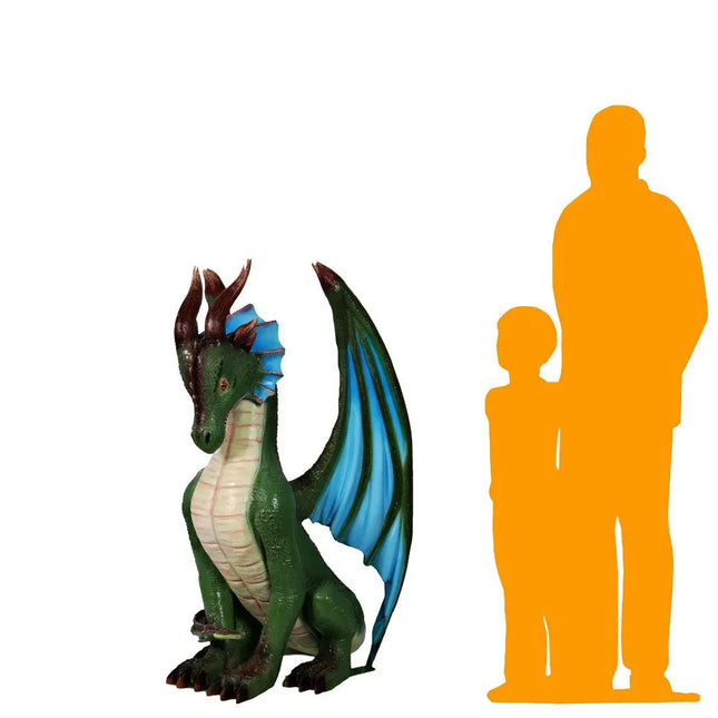 Sitting Small Green Dragon With Blue Wings Statue LM Treasures - H
