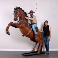 Cowboy On Rearing Horse Life Size Statue - LM Treasures 