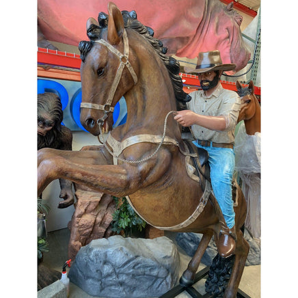 Cowboy On Rearing Horse Life Size Statue - LM Treasures 