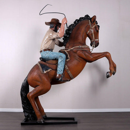 Cowboy On Rearing Horse Life Size Statue - LM Treasures 