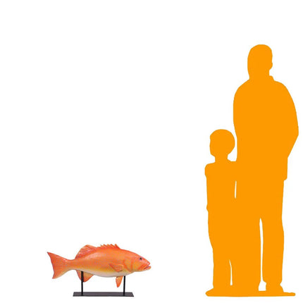 Orange cutout of a man and child standing next to an orange fish on a white background