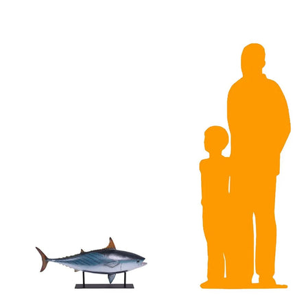 Orange silhouette of a man and child next to a blue fish on a white background
