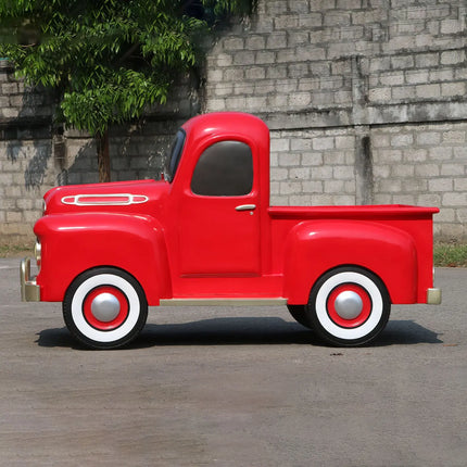 Red Vintage Pickup Truck with Christmas Gifts Statue
