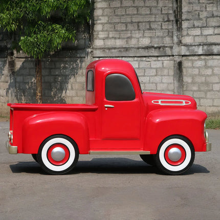 Red Vintage Pickup Truck with Christmas Gifts Statue