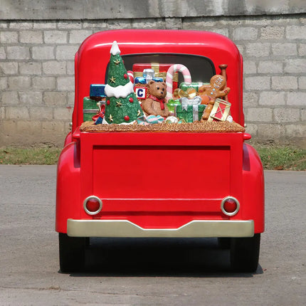 Red Vintage Pickup Truck with Christmas Gifts Statue