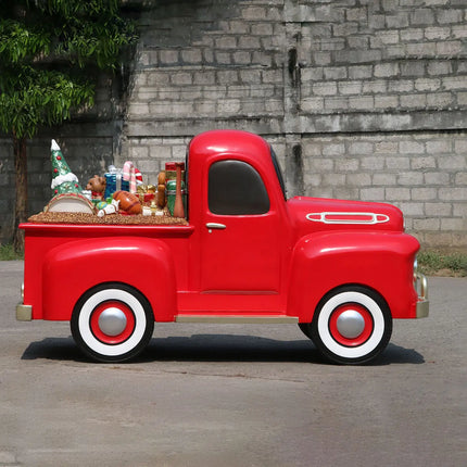 Red Vintage Pickup Truck with Christmas Gifts Statue