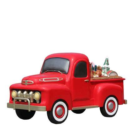 Red Vintage Pickup Truck with Christmas Gifts Statue