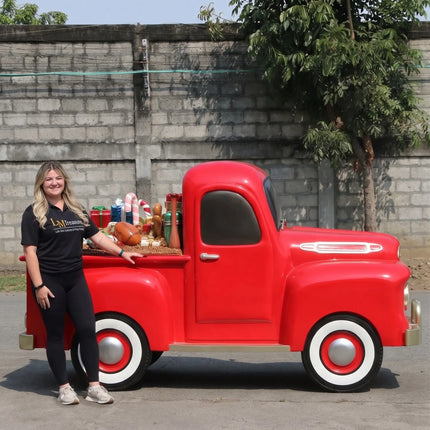 Red Vintage Pickup Truck with Christmas Gifts Statue