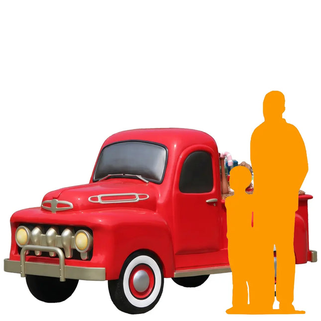 Red Vintage Pickup Truck with Christmas Gifts Statue