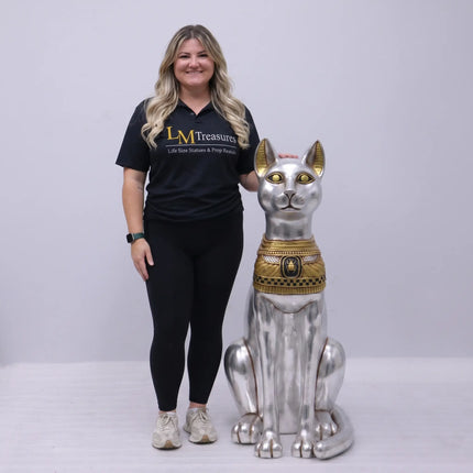 Large Silver Egyptian Bastet Cat Life Size Statue LM Treasures - H