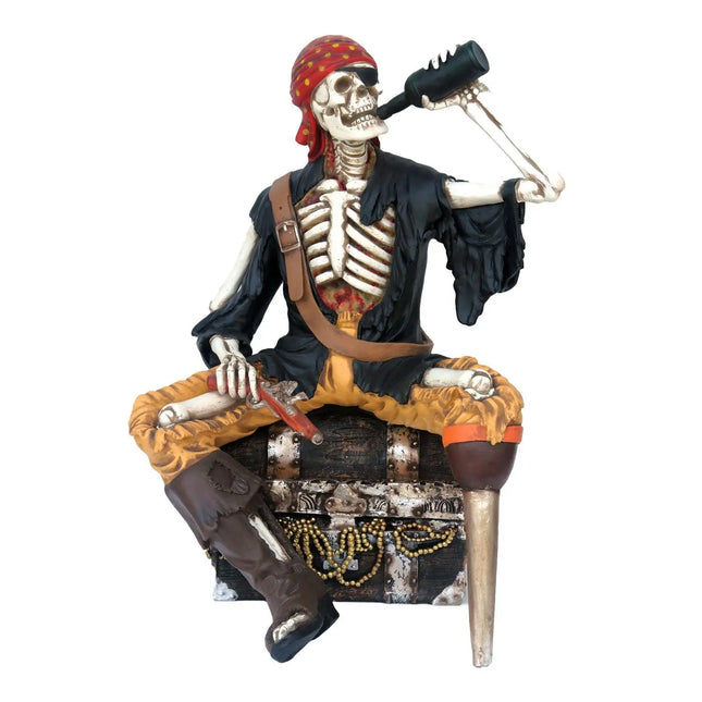 Skeleton Pirate on Treasure Drinking Life Size Statue LM Treasures - A