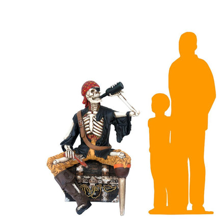 Skeleton Pirate on Treasure Drinking Life Size Statue - LM Treasures 