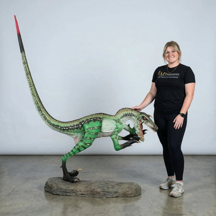 Green Ferocious Velociraptor Dinosaur Life Size Statue
