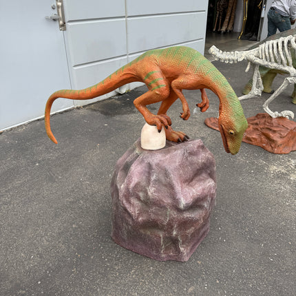 Compsognathus Dinosaur On Rock Life Size Statue