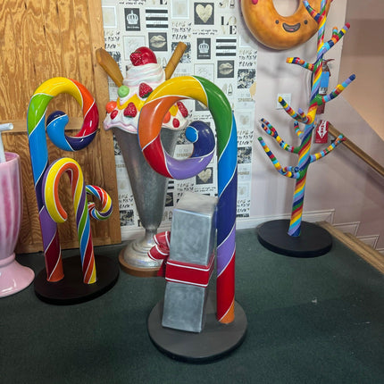 Rainbow Swirl Candy Cane With Gift Over Sized Statue - LM Treasures 