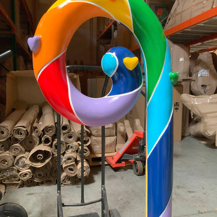 Rainbow Swirl Candy Cane With Heart Over Sized Statue