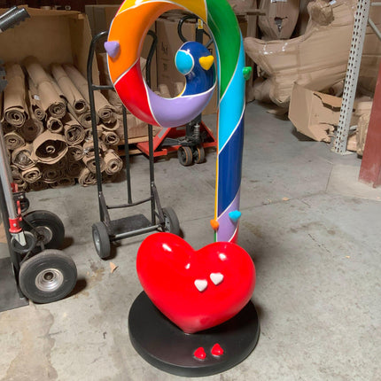 Rainbow Swirl Candy Cane With Heart Over Sized Statue