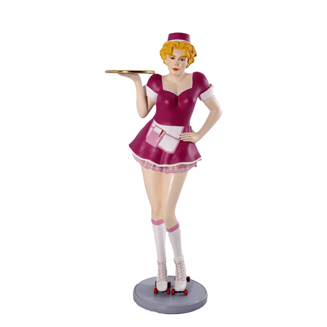 Roller Skater Waitress In Matte Pink Life Size Statue - LM Treasures 