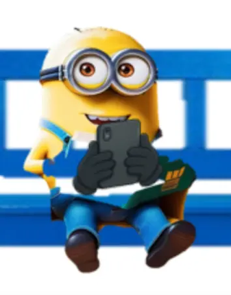 Minion character holding a phone with a blue and white striped background