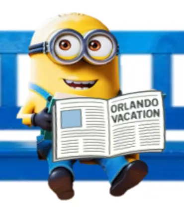 Minion character holding a newspaper with 'Orlando Vacation' text against a blue background