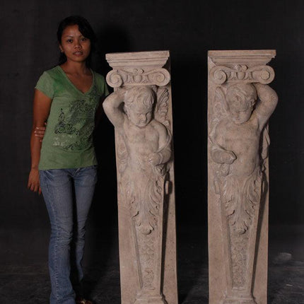 Cherub Stone Column Set Life Size Statue - LM Treasures 