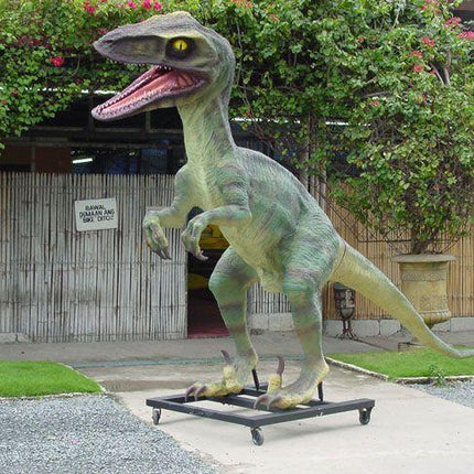 Green Raptor Dinosaur On Base Life Size Statue - LM Treasures 