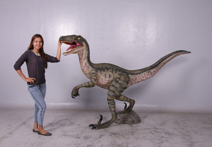 Green Velociraptor Dinosaur Life Size Statue - LM Treasures 