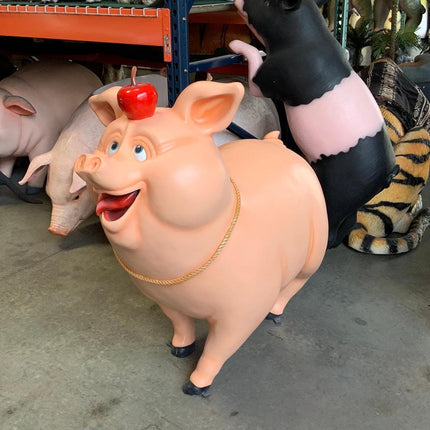 Comic Pig With Apple Life Size Statue - LM Treasures 