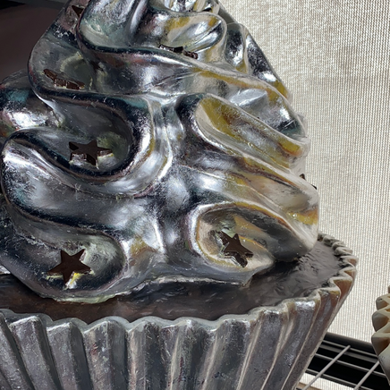 Silver Chocolate Cupcake With Stars Over Sized Statue - LM Treasures Life Size Statues & Prop Rental