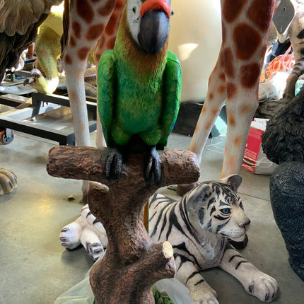 Green Macaw Buffon Parrot On Branch Life Size Statue - LM Treasures 