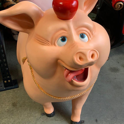 Comic Pig With Apple Life Size Statue - LM Treasures 