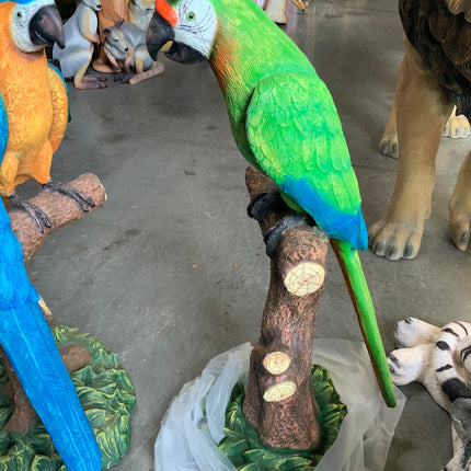 Green Macaw Buffon Parrot On Branch Life Size Statue - LM Treasures 
