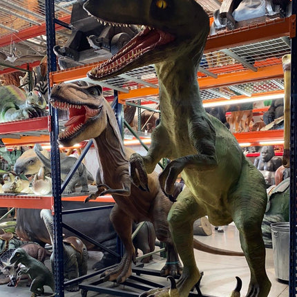 Green Raptor Dinosaur On Base Life Size Statue - LM Treasures 