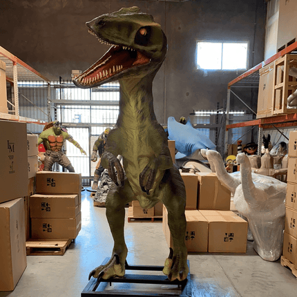 Green Raptor Dinosaur On Base Life Size Statue - LM Treasures 