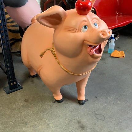 Comic Pig With Apple Life Size Statue - LM Treasures 