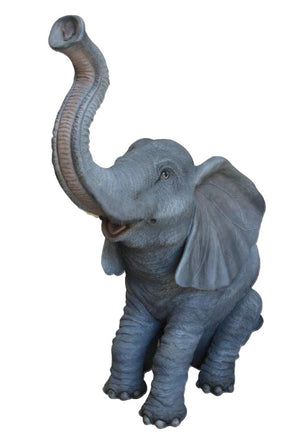 Baby Sitting Elephant Trunk Up No Tusks Statue - LM Treasures 